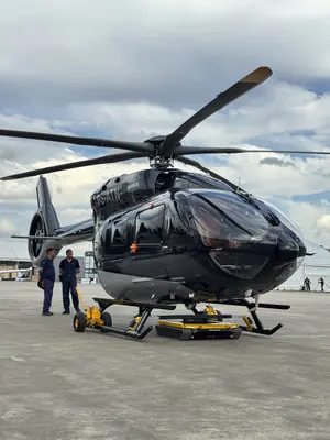 AEROTANK electric tug under the skids of an Airbus H145 helicopter