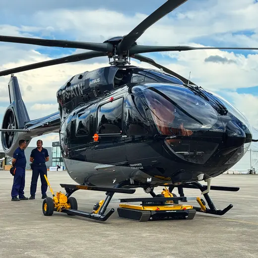 Crew moving an Airbus H145 with the AEROTANK remote tug